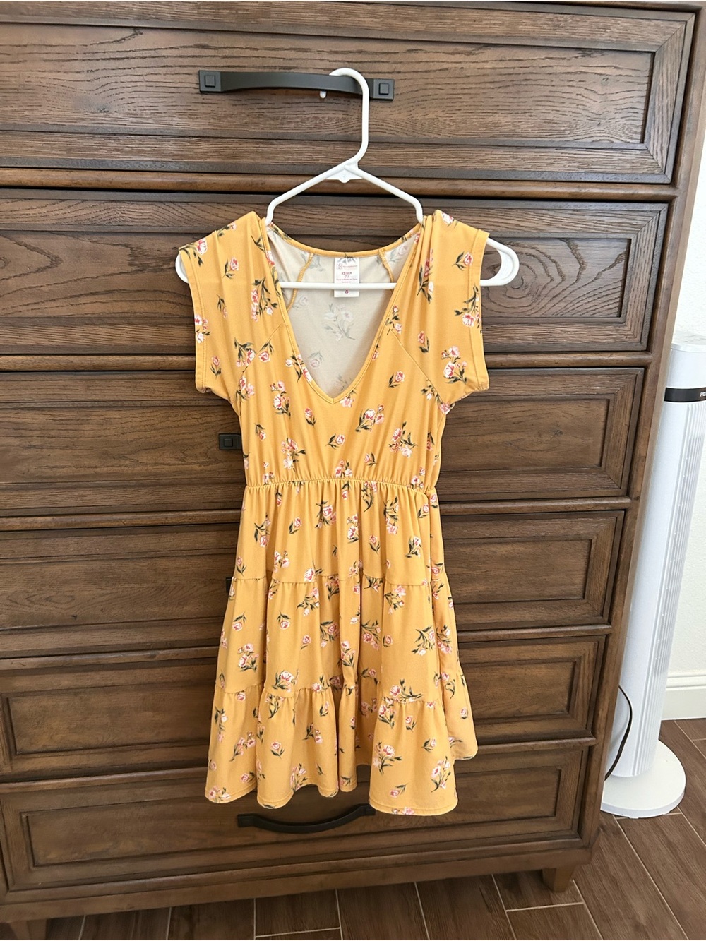 No Boundaries Mustard Yellow Floral V‑Neck Tiered Dress